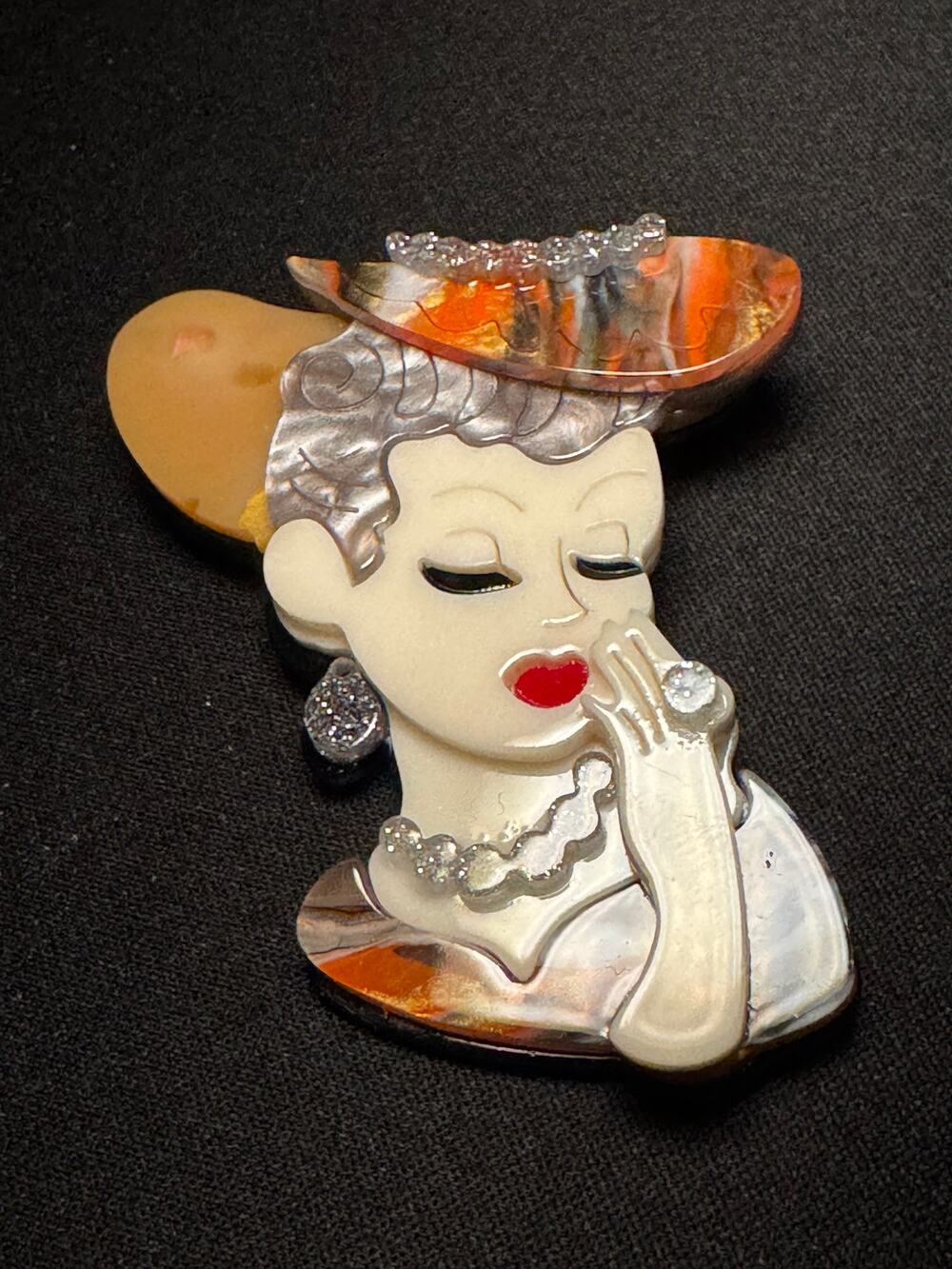 Acrylic 3D Lady Brooch Patterned Hat & Glitter Details